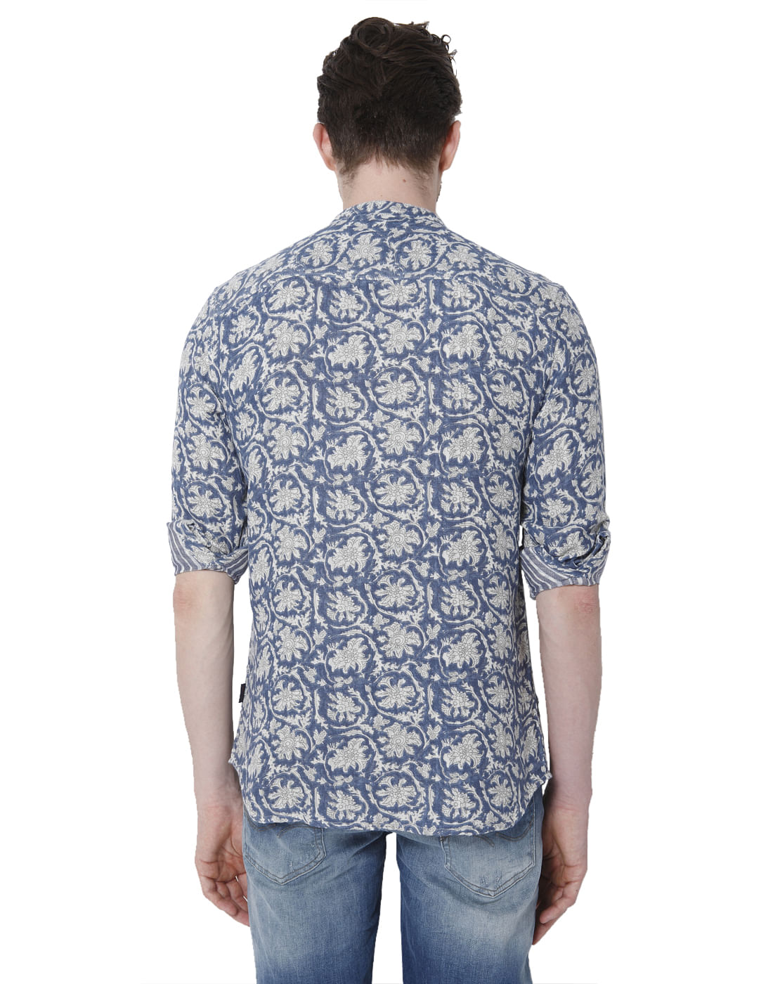 Blue Printed Mandarin Collar Shirt