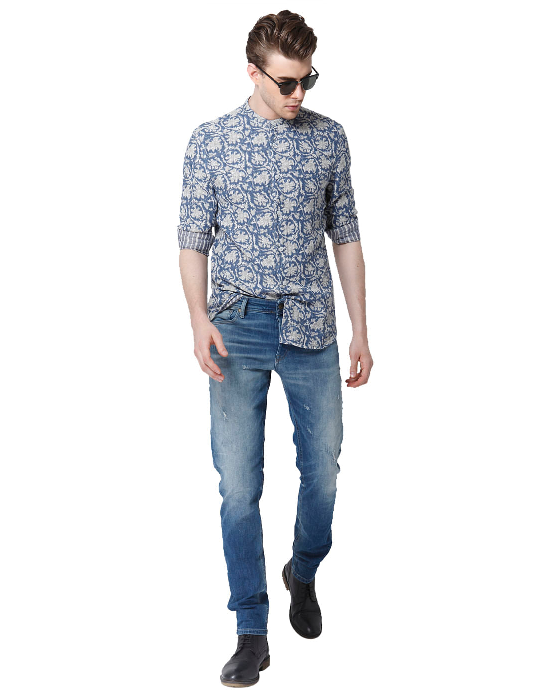 Blue Printed Mandarin Collar Shirt