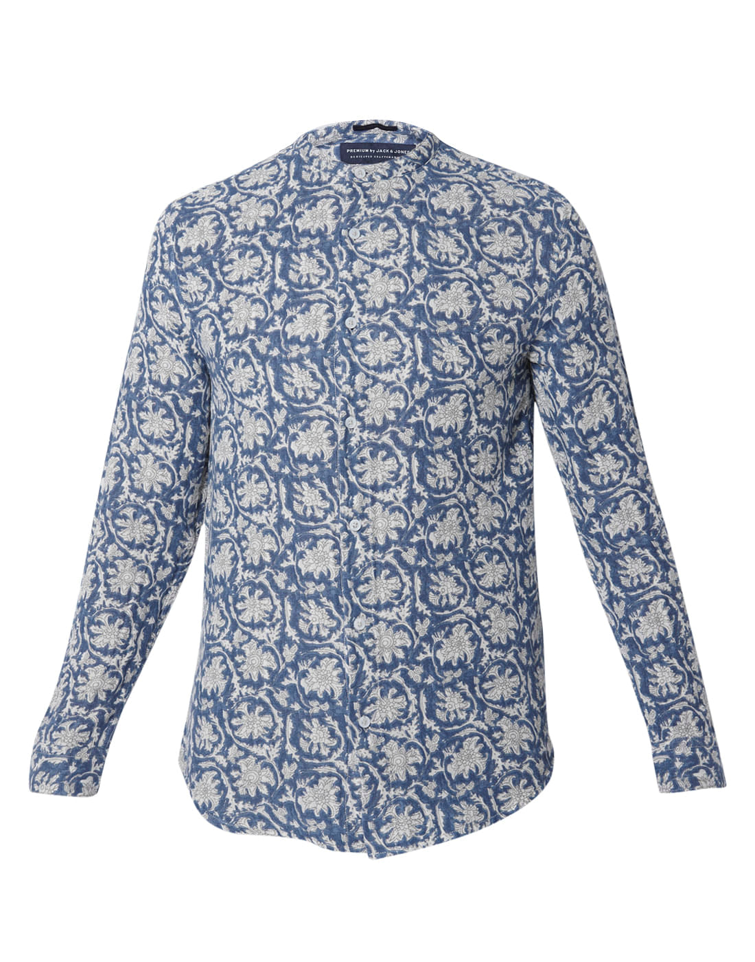 Blue Printed Mandarin Collar Shirt