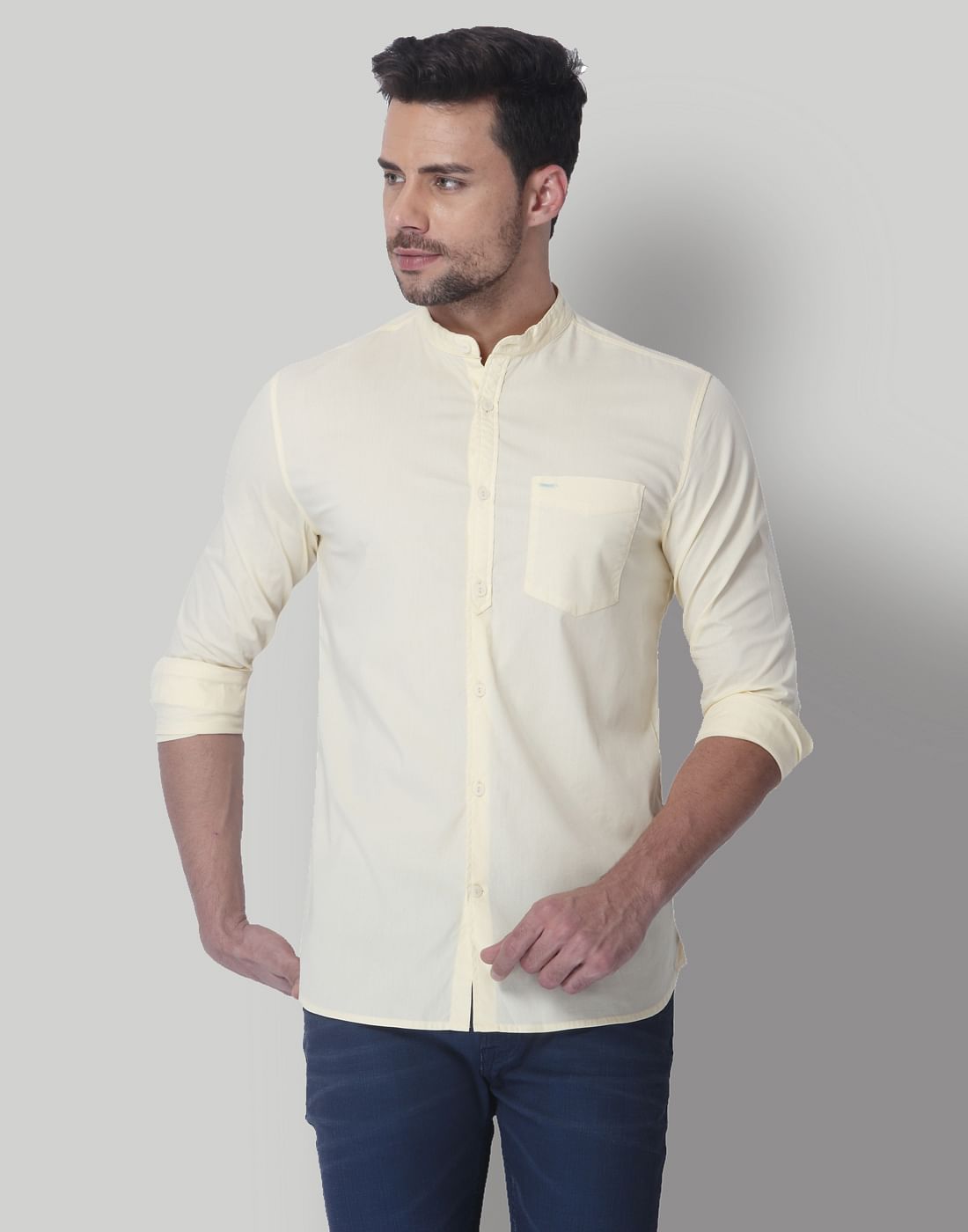 Lemon Yellow Mandarin Collar Slim Fit Shirt
