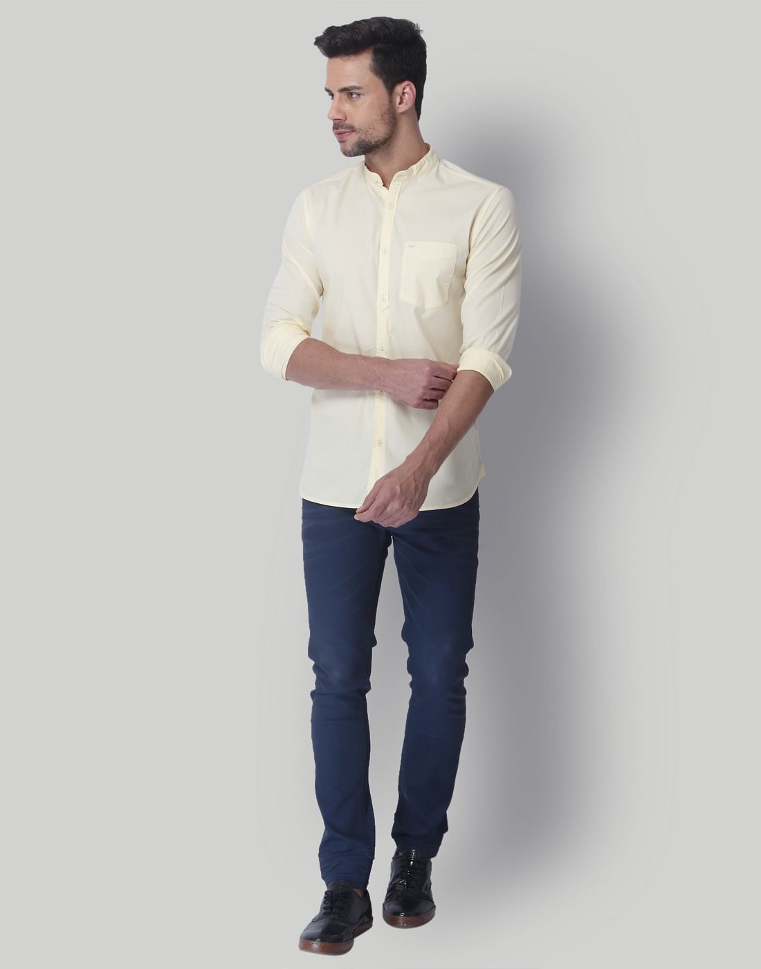 Lemon Yellow Mandarin Collar Slim Fit Shirt