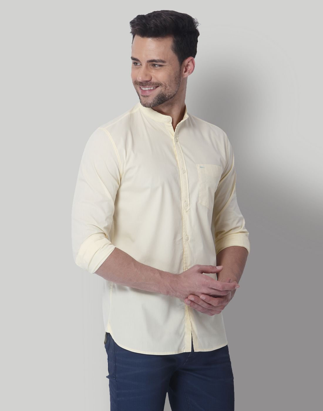Lemon Yellow Mandarin Collar Slim Fit Shirt