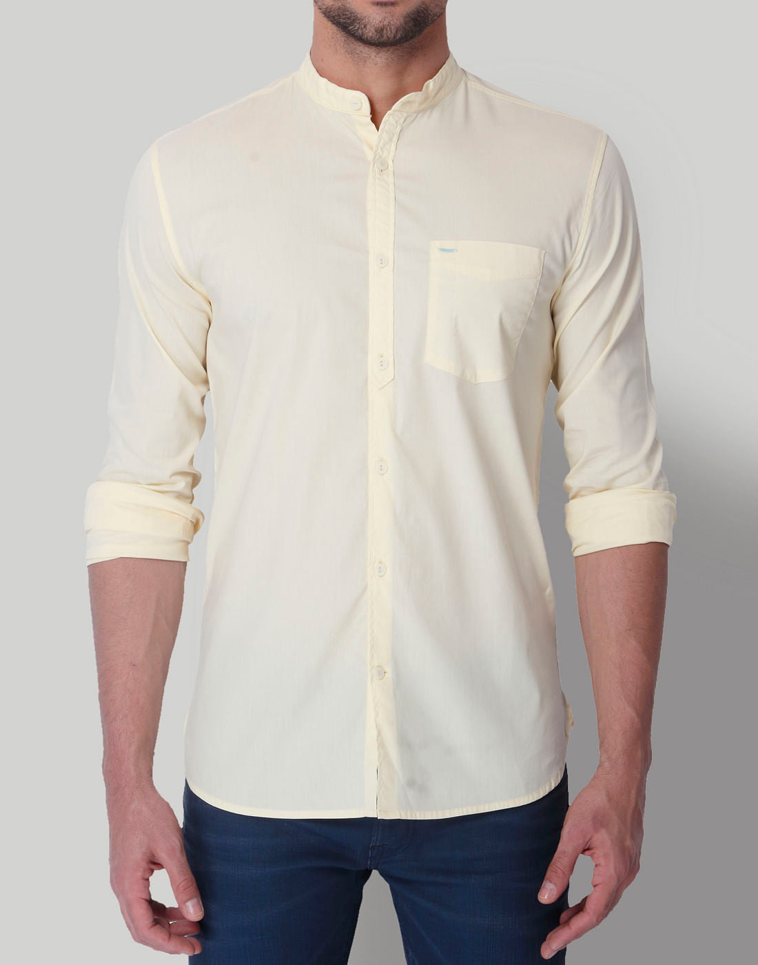 Lemon Yellow Mandarin Collar Slim Fit Shirt