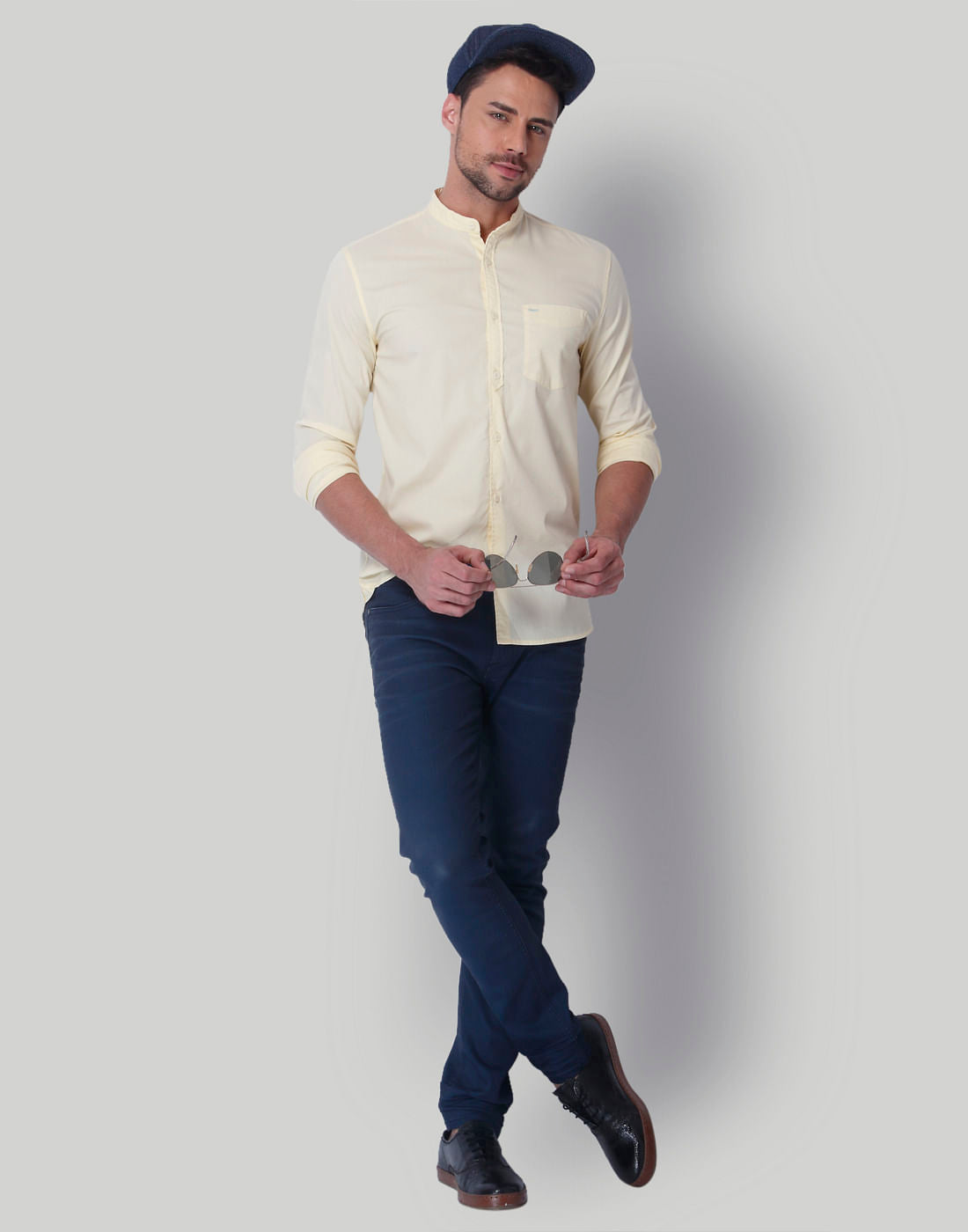 Lemon Yellow Mandarin Collar Slim Fit Shirt