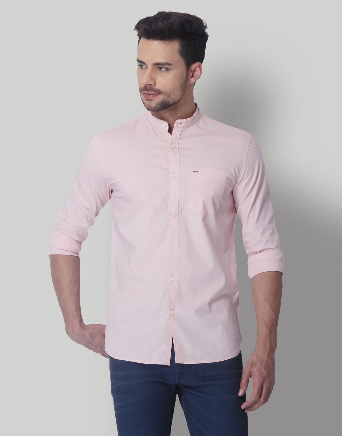 Pink Mandarin Collar Slim Fit Shirt - S
