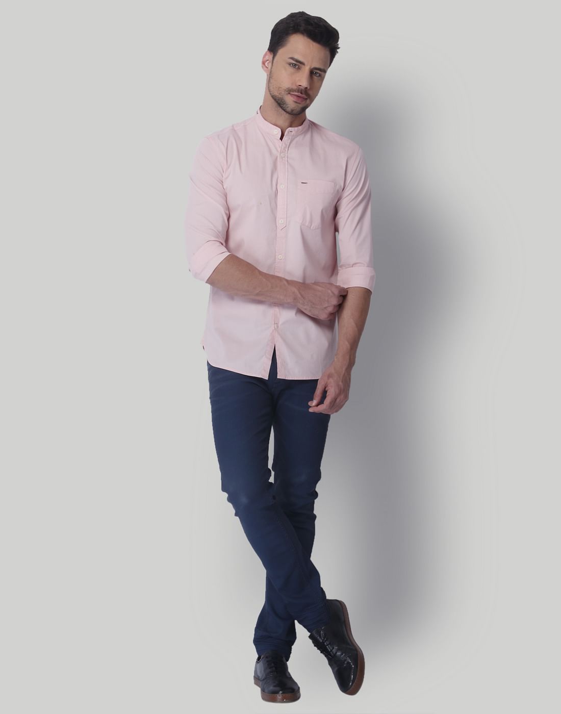 Pink Mandarin Collar Slim Fit Shirt
