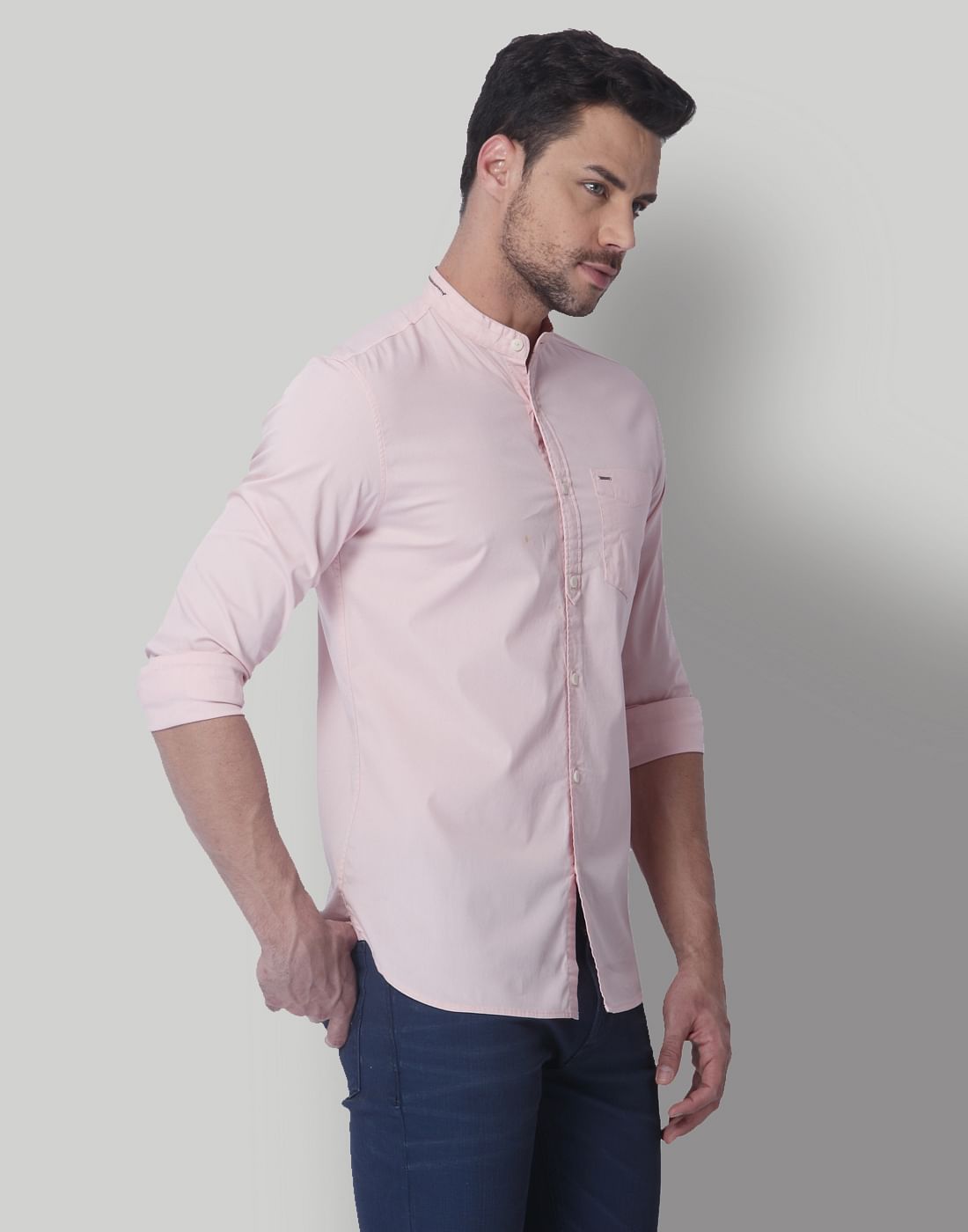 Pink Mandarin Collar Slim Fit Shirt