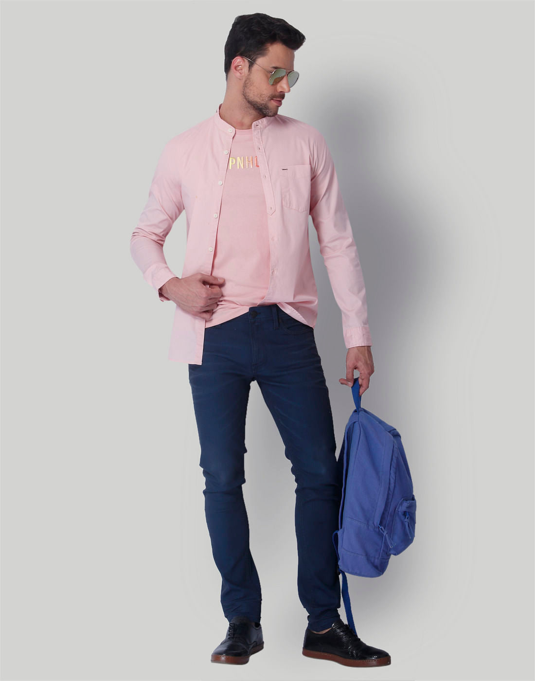 Pink Mandarin Collar Slim Fit Shirt