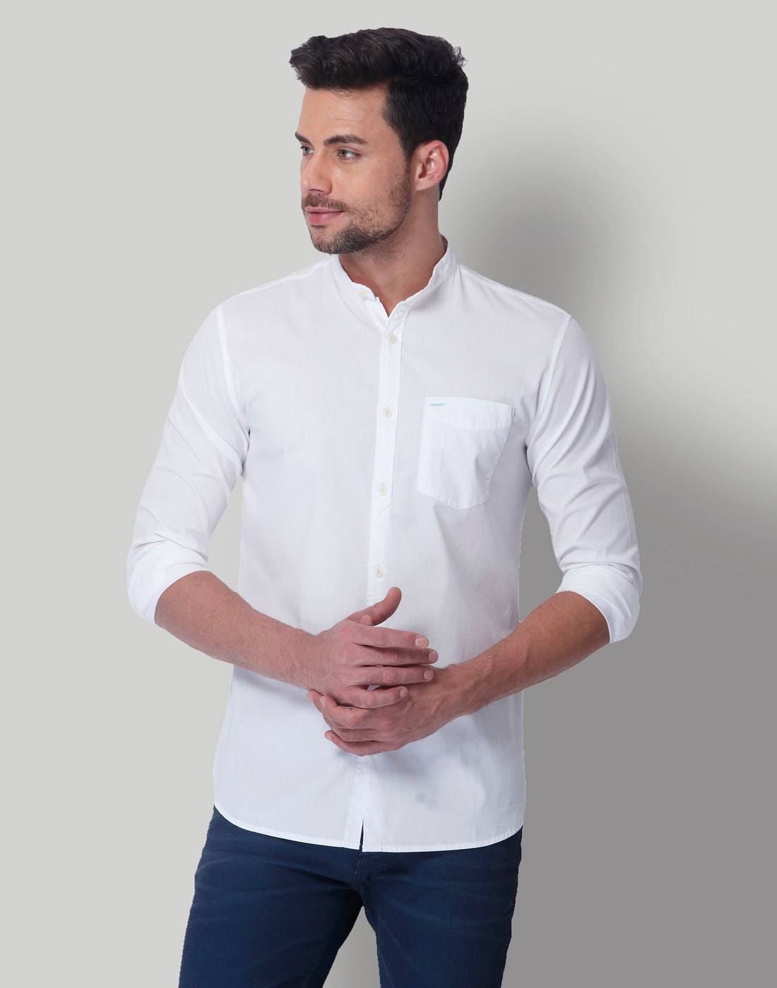 White Mandarin Collar Slim Fit Shirt - S