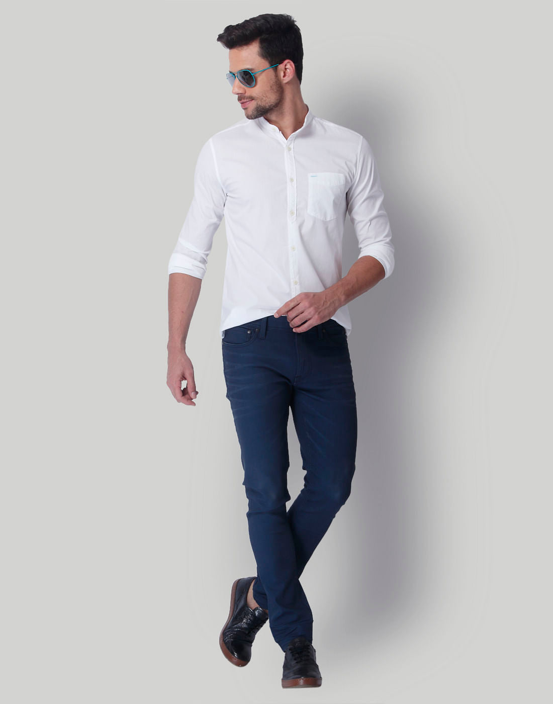 White Mandarin Collar Slim Fit Shirt