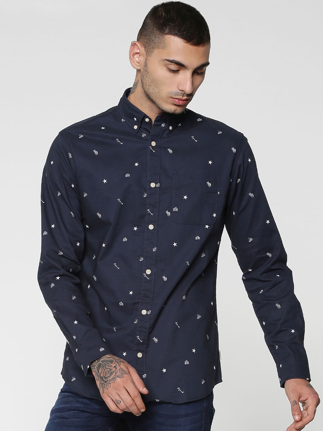Blue All Over Print Full Sleeves Slim Fit Shirt - S