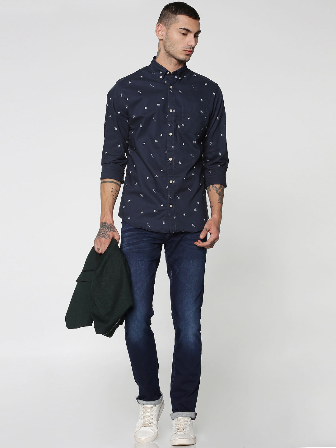 Blue All Over Print Full Sleeves Slim Fit Shirt