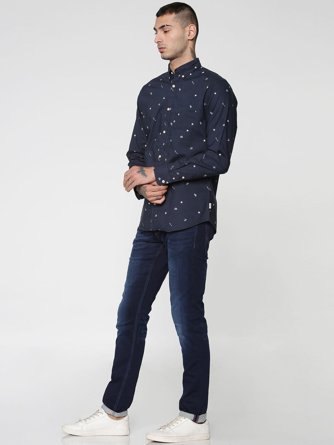 Blue All Over Print Full Sleeves Slim Fit Shirt