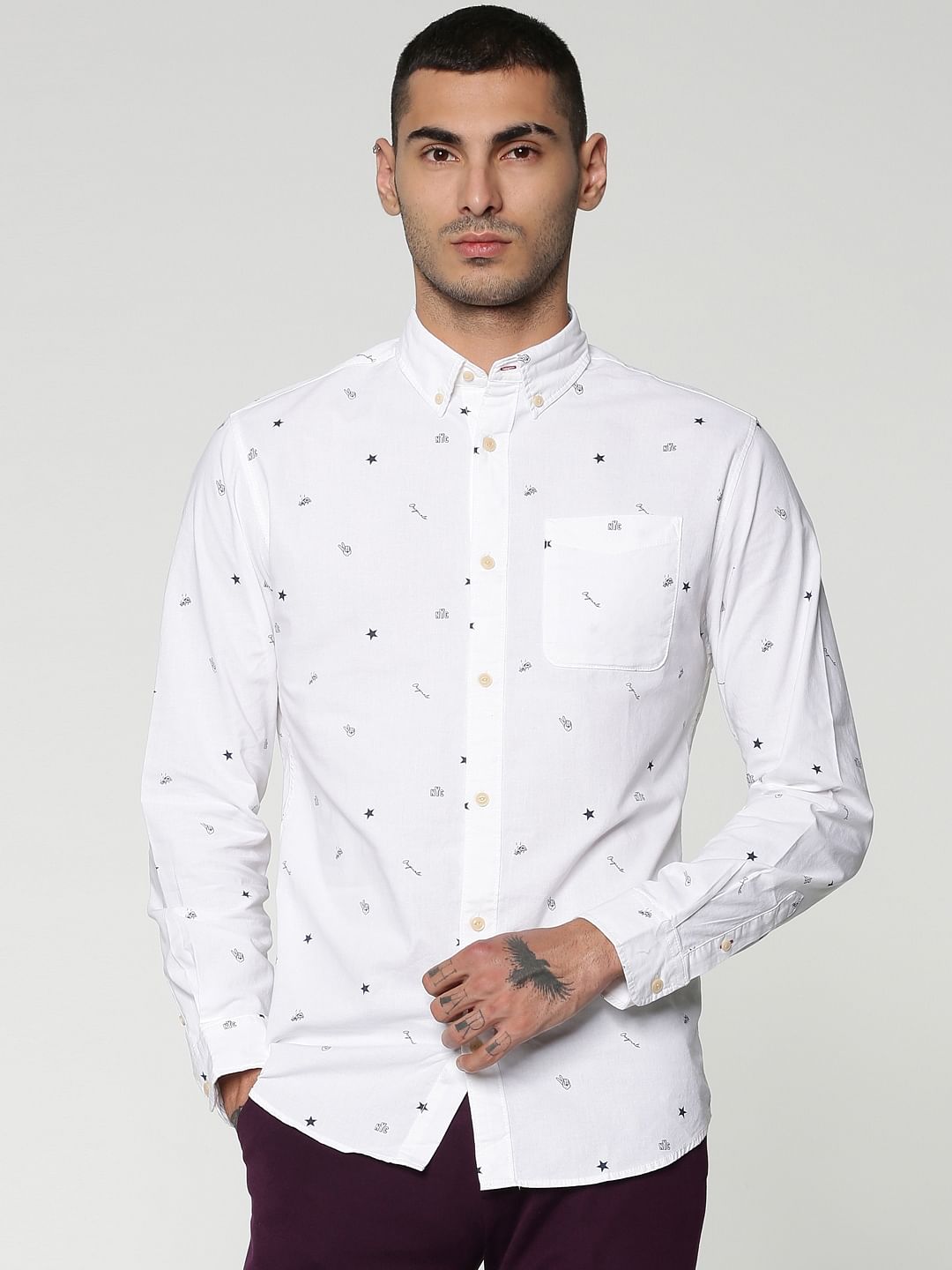 White All Over Print Full Sleeves Slim Fit Shirt - S