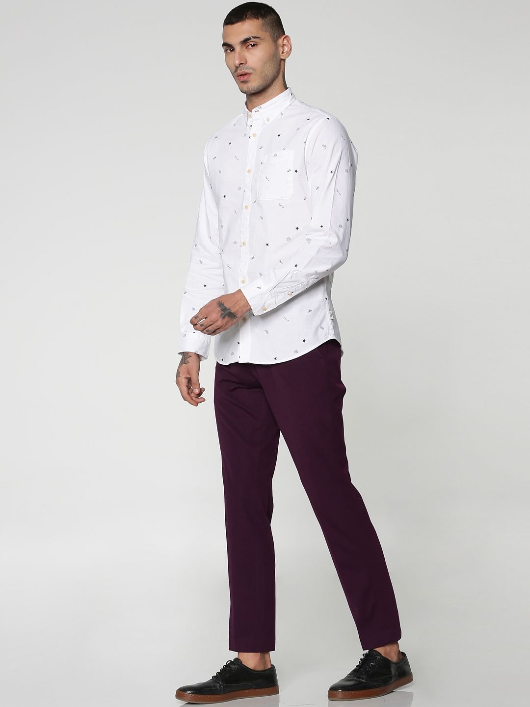 White All Over Print Full Sleeves Slim Fit Shirt