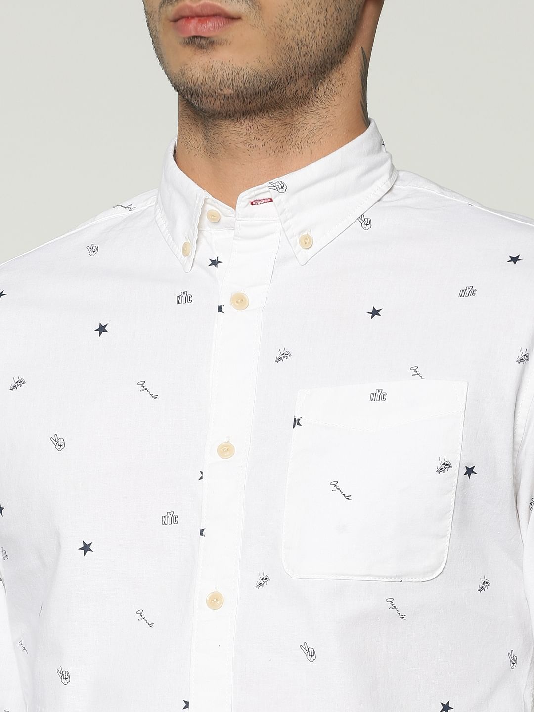 White All Over Print Full Sleeves Slim Fit Shirt