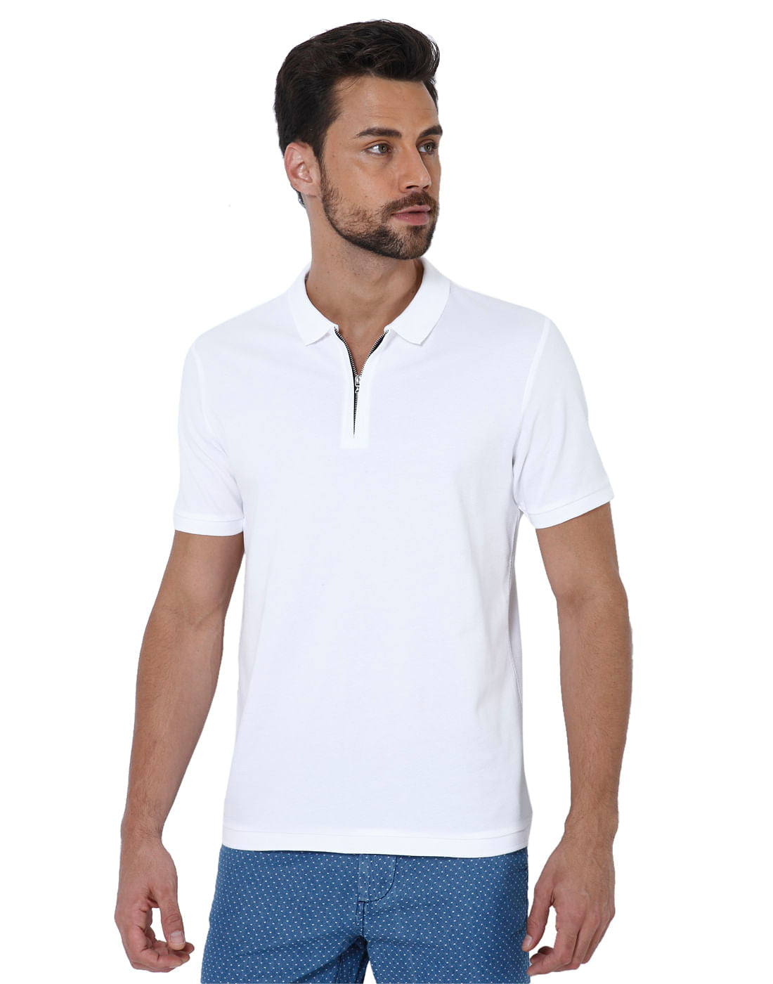 White Zip Up Polo T-Shirt - S