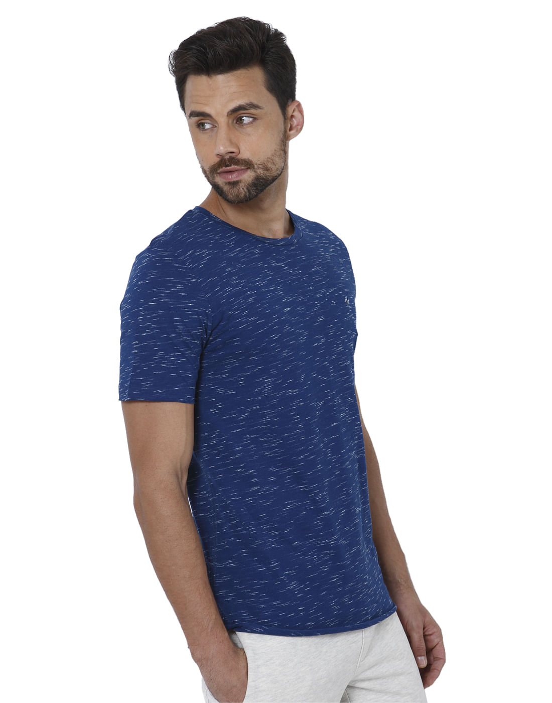 Blue Self Design Crew Neck T-Shirt