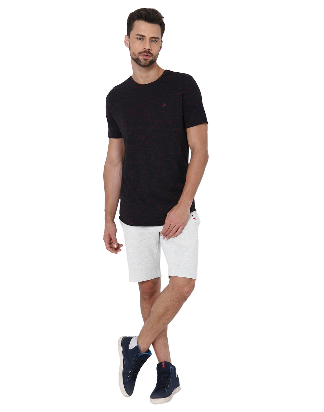 Black Self Design Crew Neck T-Shirt