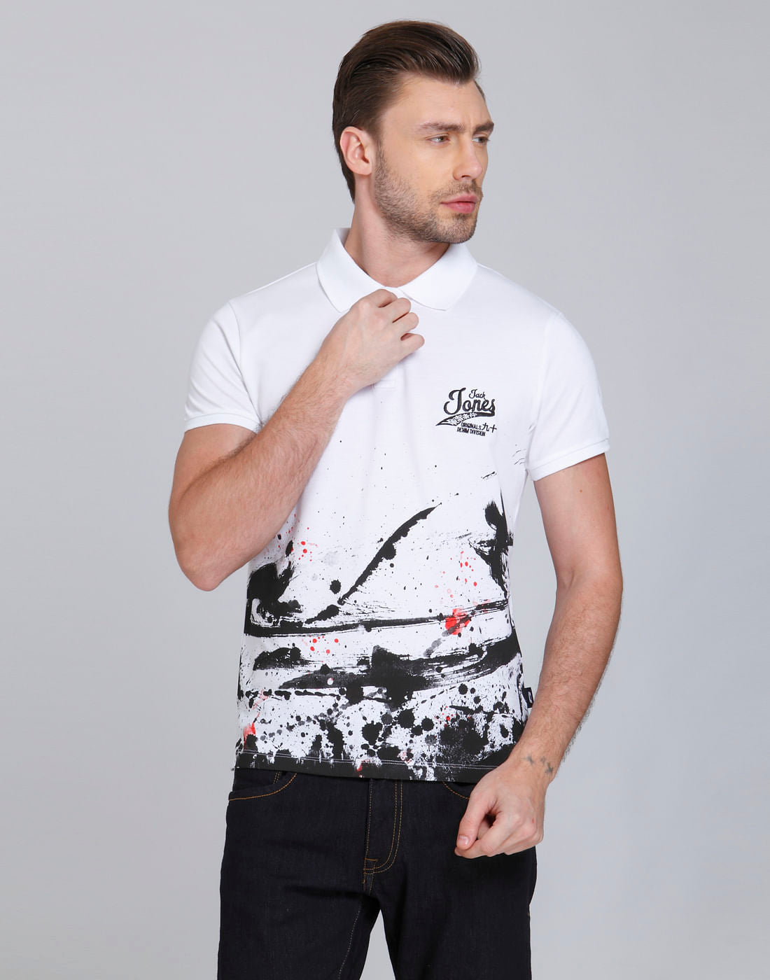 White Colour Splash Polo T-Shirt - S