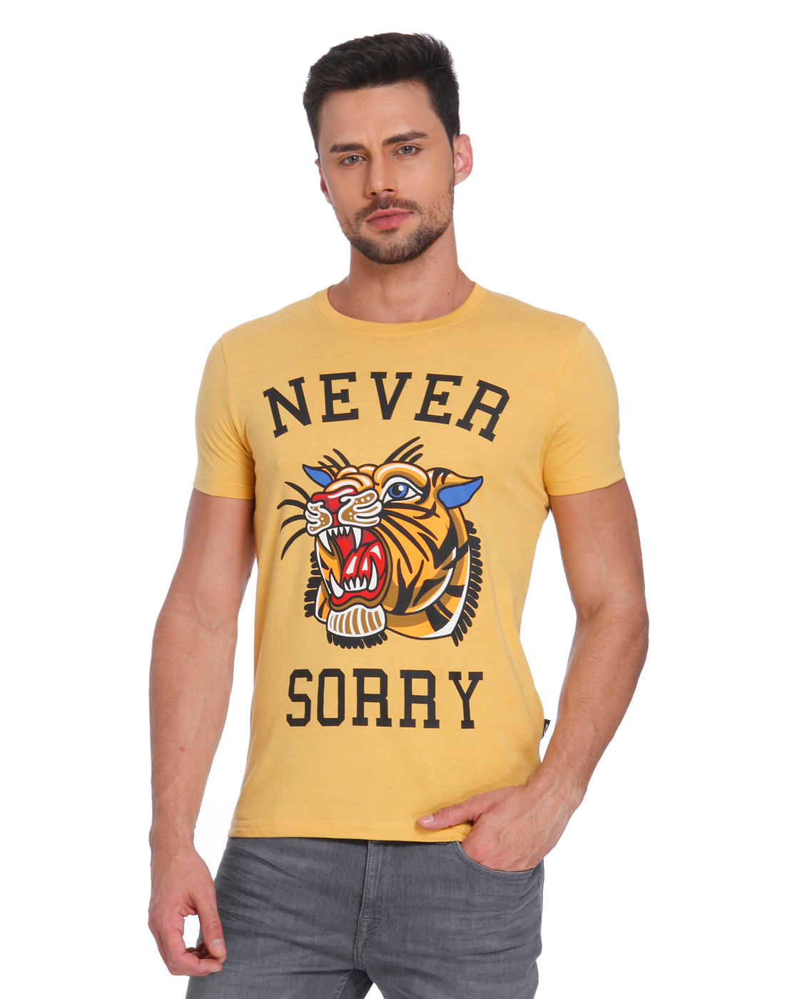 Yellow Tiger Print Crew Neck T-Shirt - S