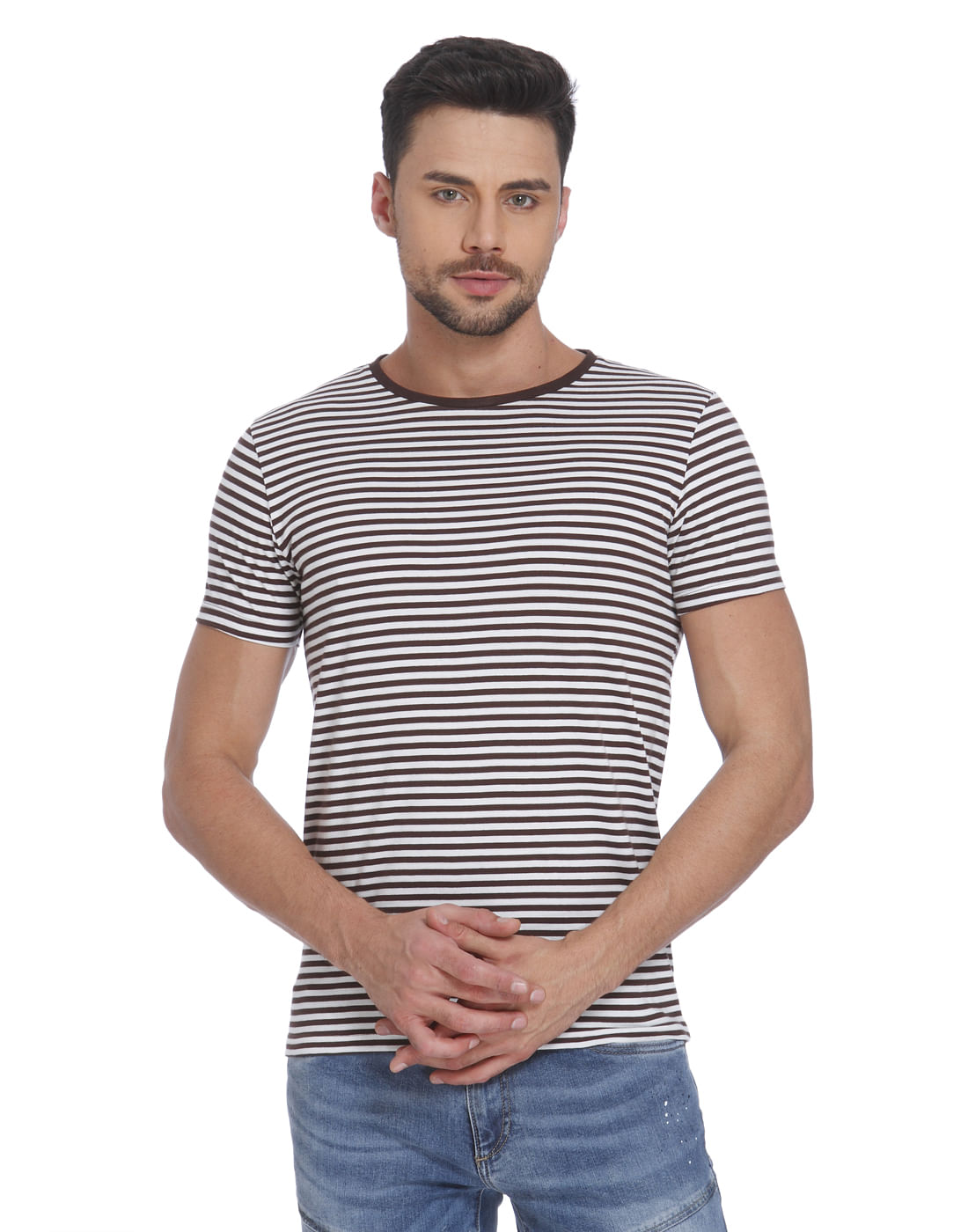 Brown Striped Crew Neck T-Shirt - S