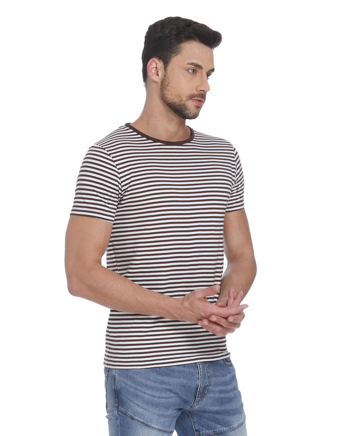 Brown Striped Crew Neck T-Shirt