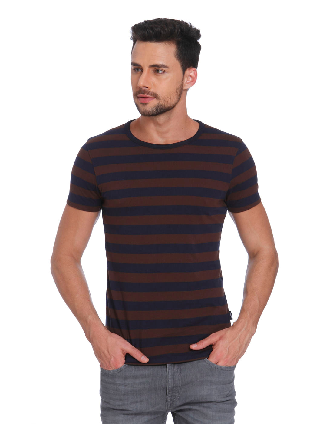 Dark Blue & Brown Striped Crew Neck T-Shirt - S