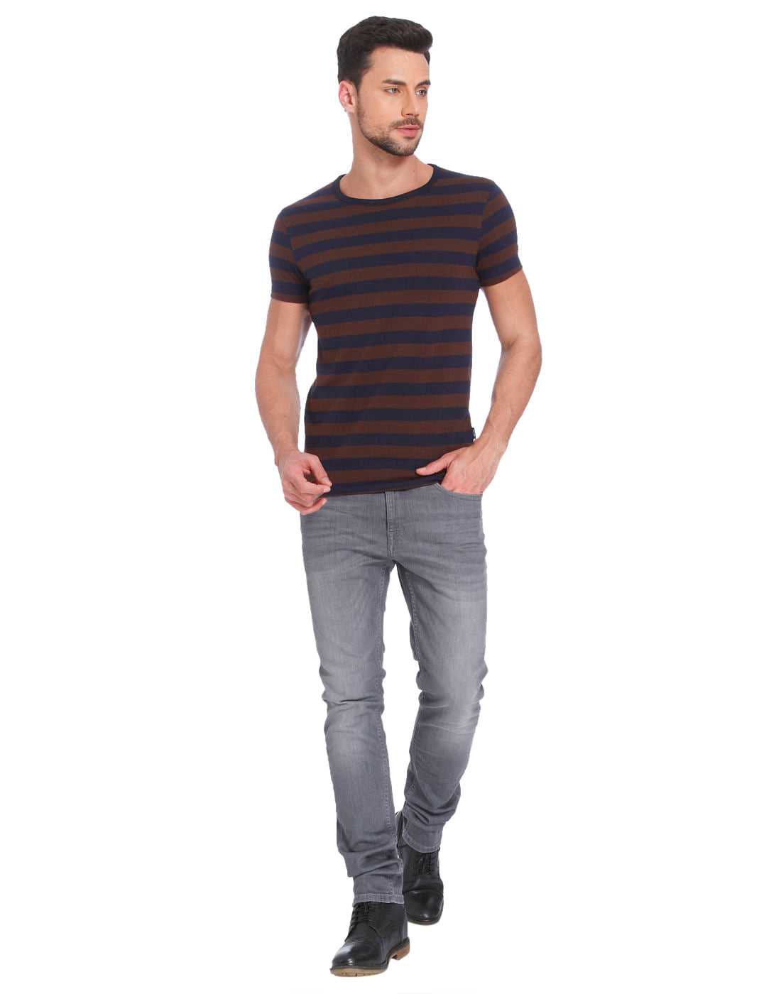Dark Blue & Brown Striped Crew Neck T-Shirt
