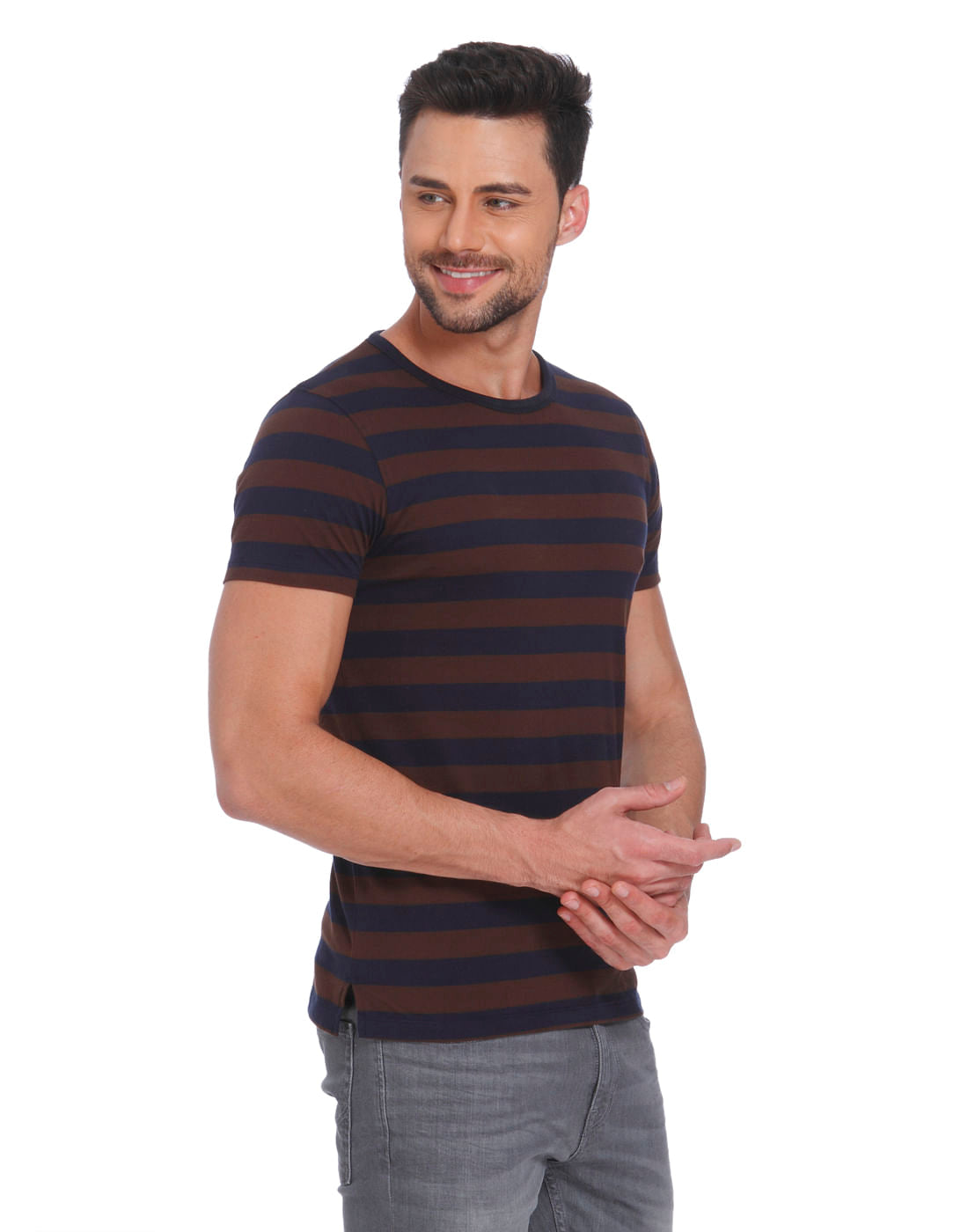 Dark Blue & Brown Striped Crew Neck T-Shirt