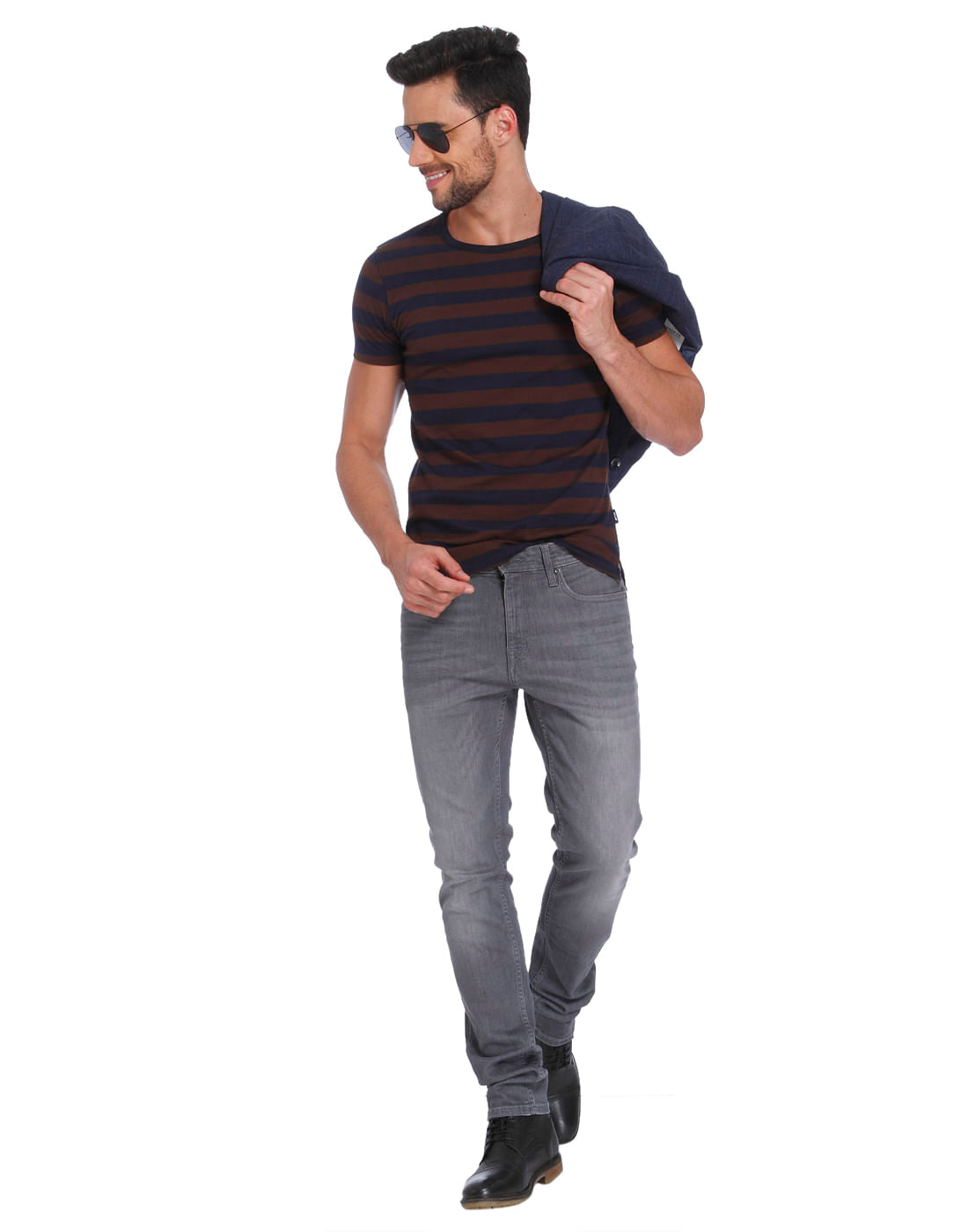 Dark Blue & Brown Striped Crew Neck T-Shirt