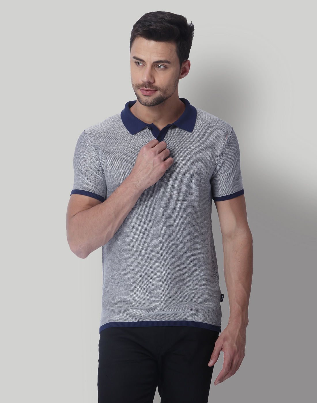 Grey & Blue Polo Neck T-Shirt - S