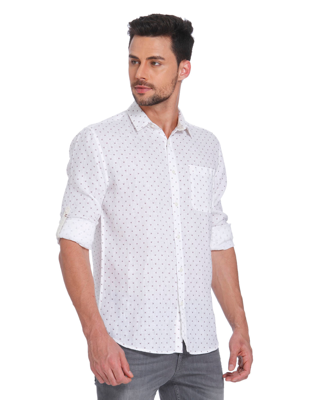 White All Over Print Linen Shirt