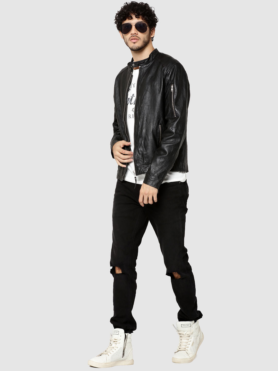 Black Leather Zip Detail Jacket
