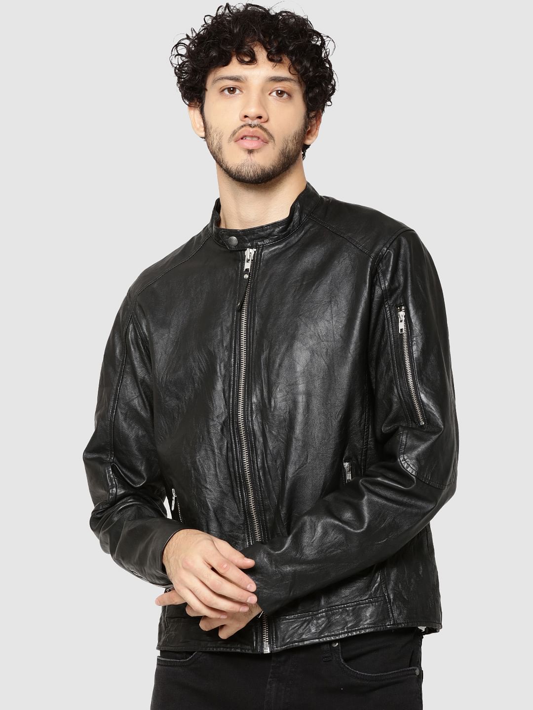 Black Leather Zip Detail Jacket - S
