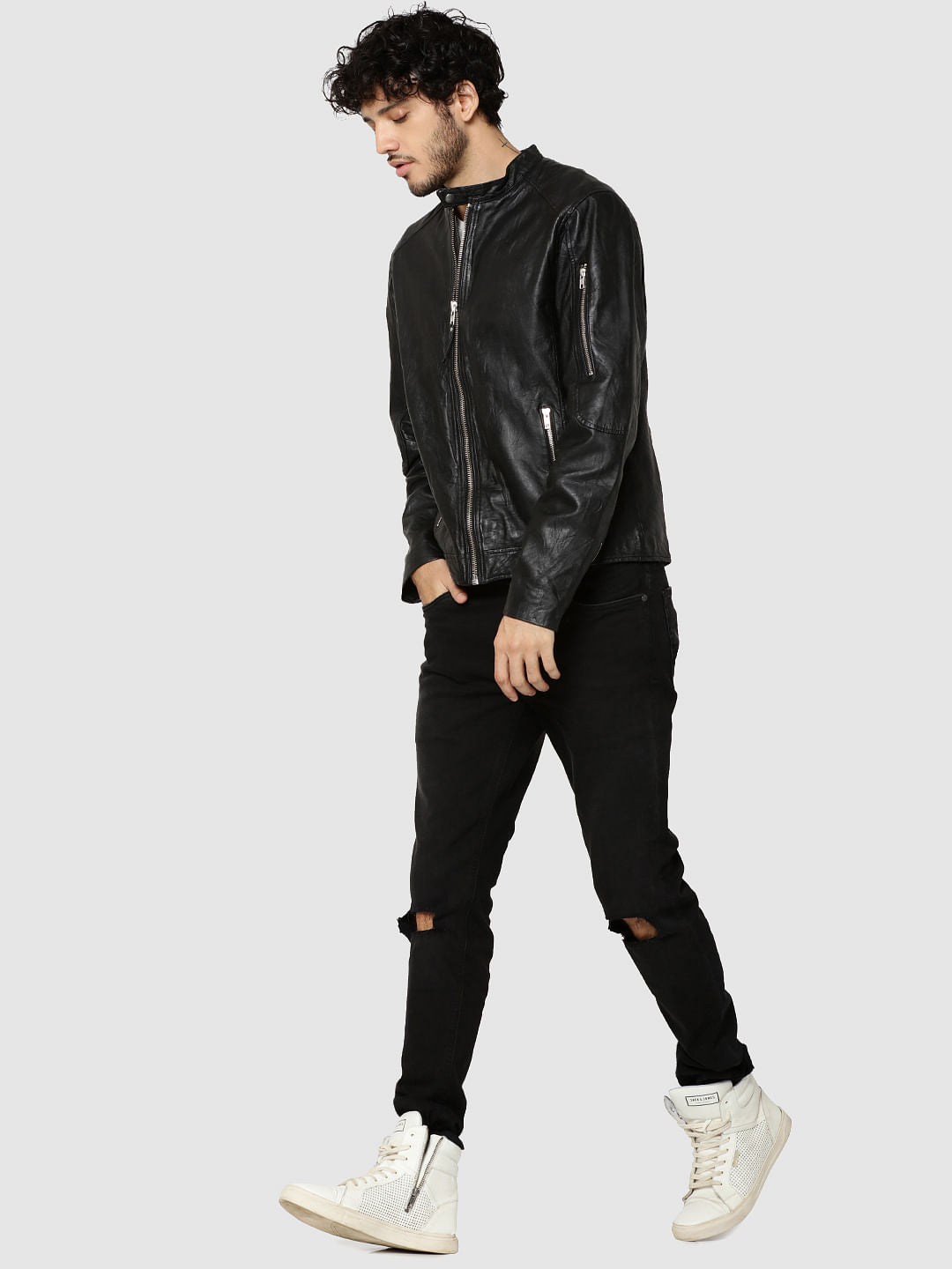 Black Leather Zip Detail Jacket