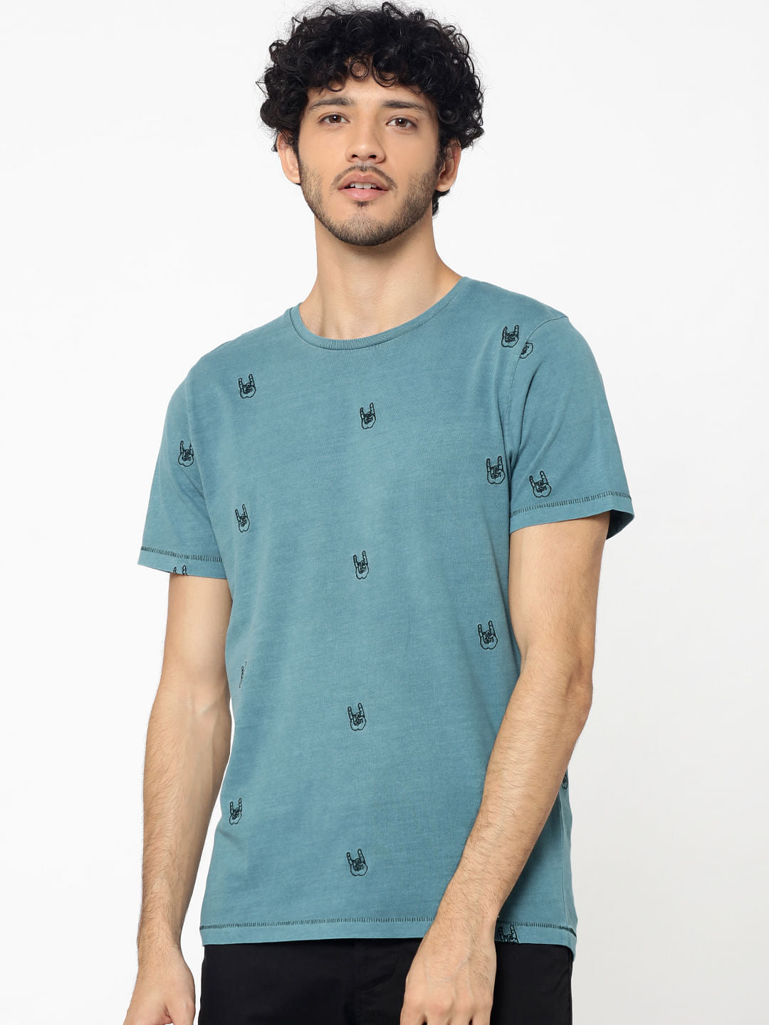 Green Motif Embroidery Crew Neck T-Shirt - S