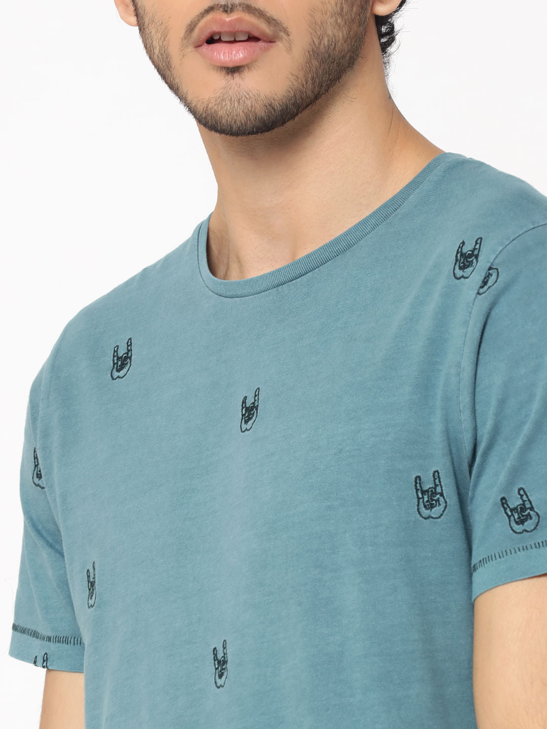 Green Motif Embroidery Crew Neck T-Shirt