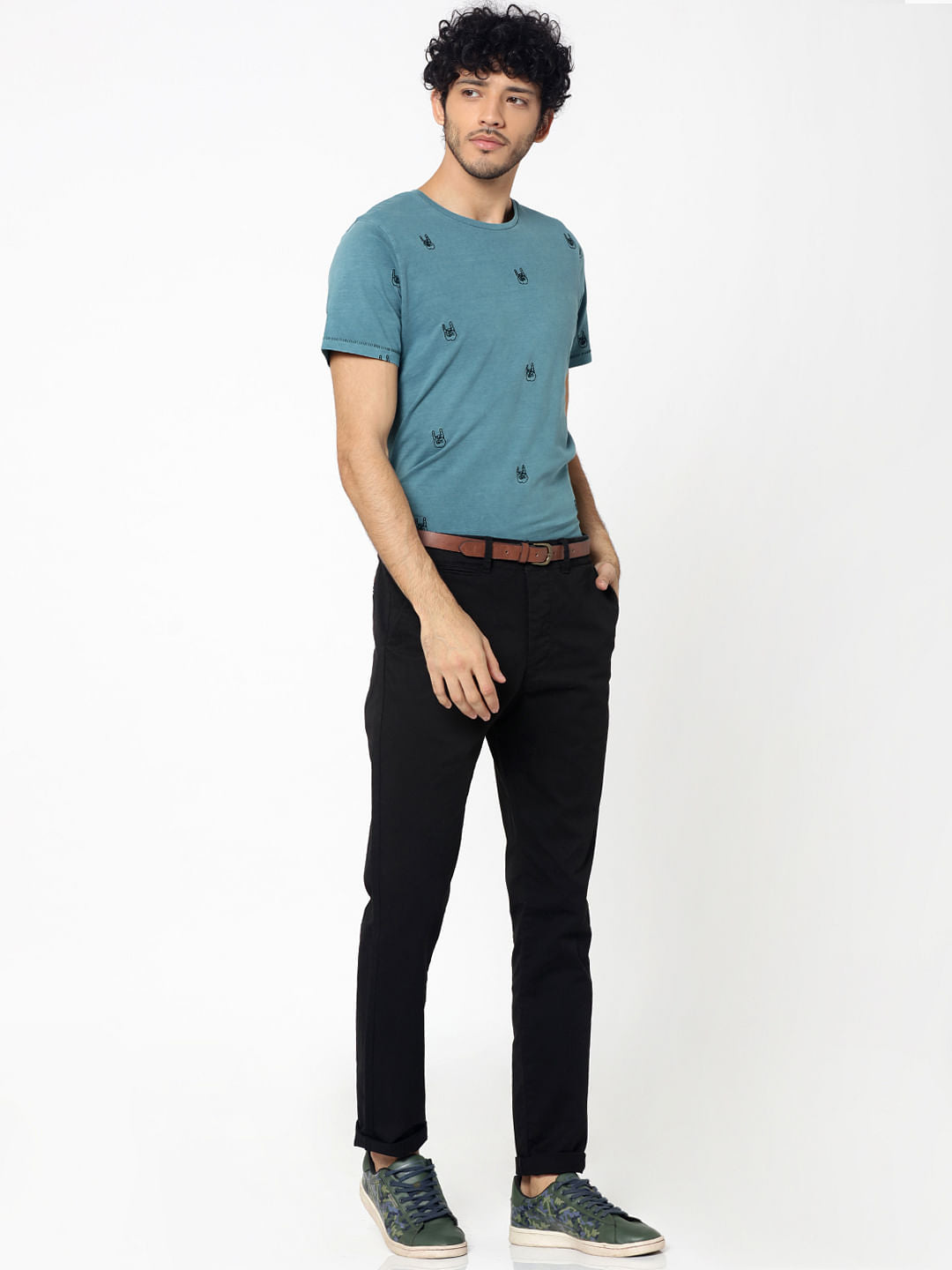 Green Motif Embroidery Crew Neck T-Shirt