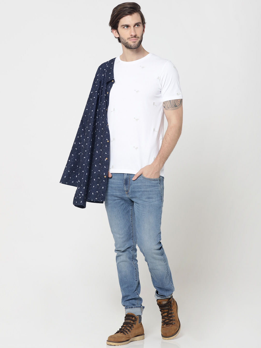 White Motif Printed Crew Neck T-Shirt