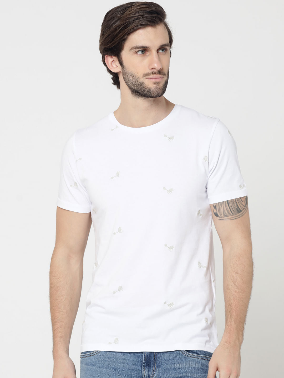 White Motif Printed Crew Neck T-Shirt - S