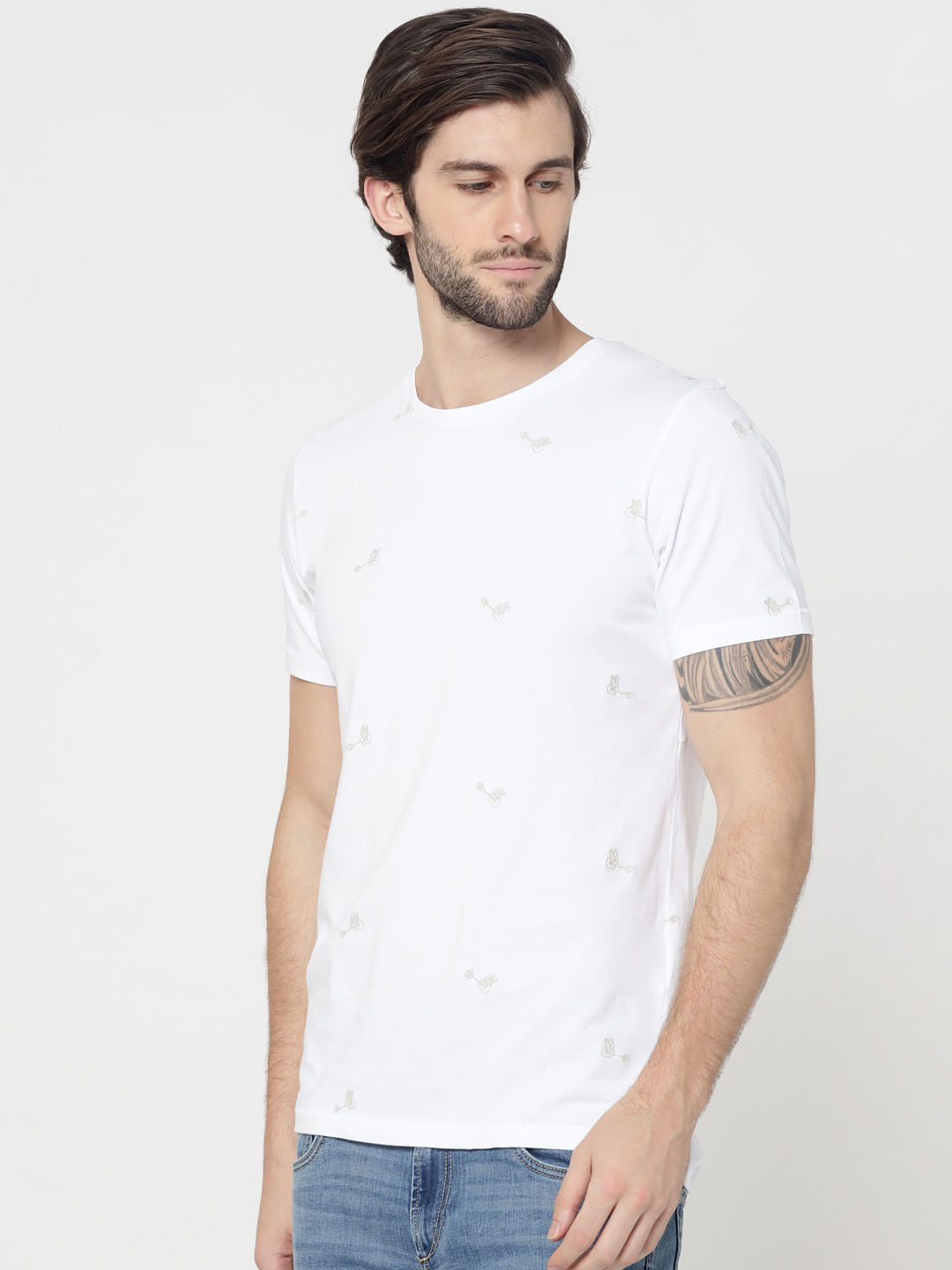 White Motif Printed Crew Neck T-Shirt