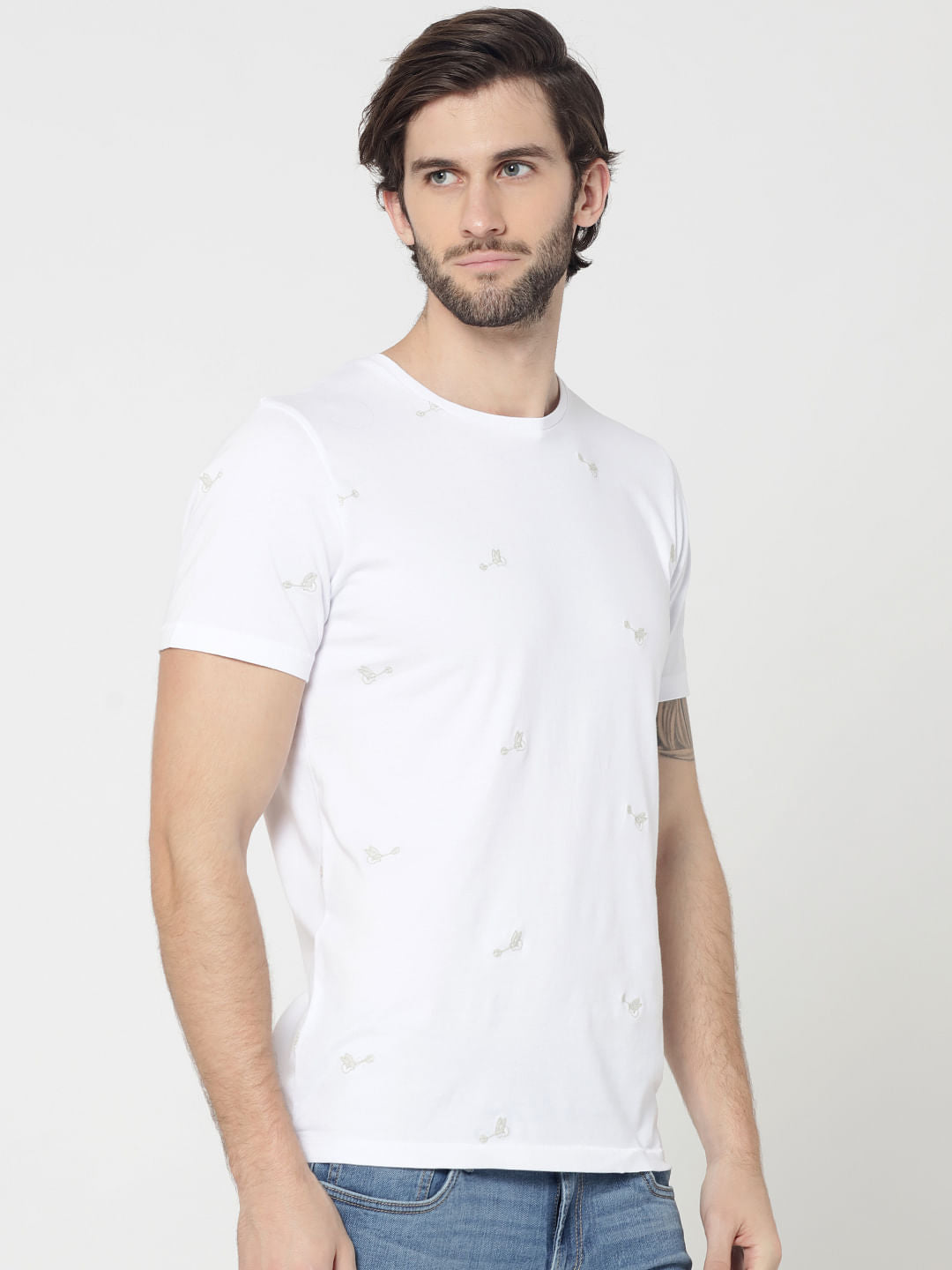 White Motif Printed Crew Neck T-Shirt
