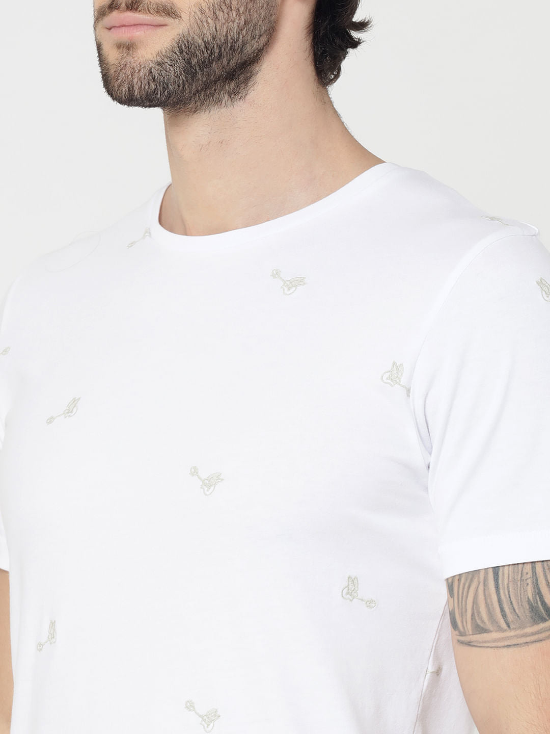 White Motif Printed Crew Neck T-Shirt