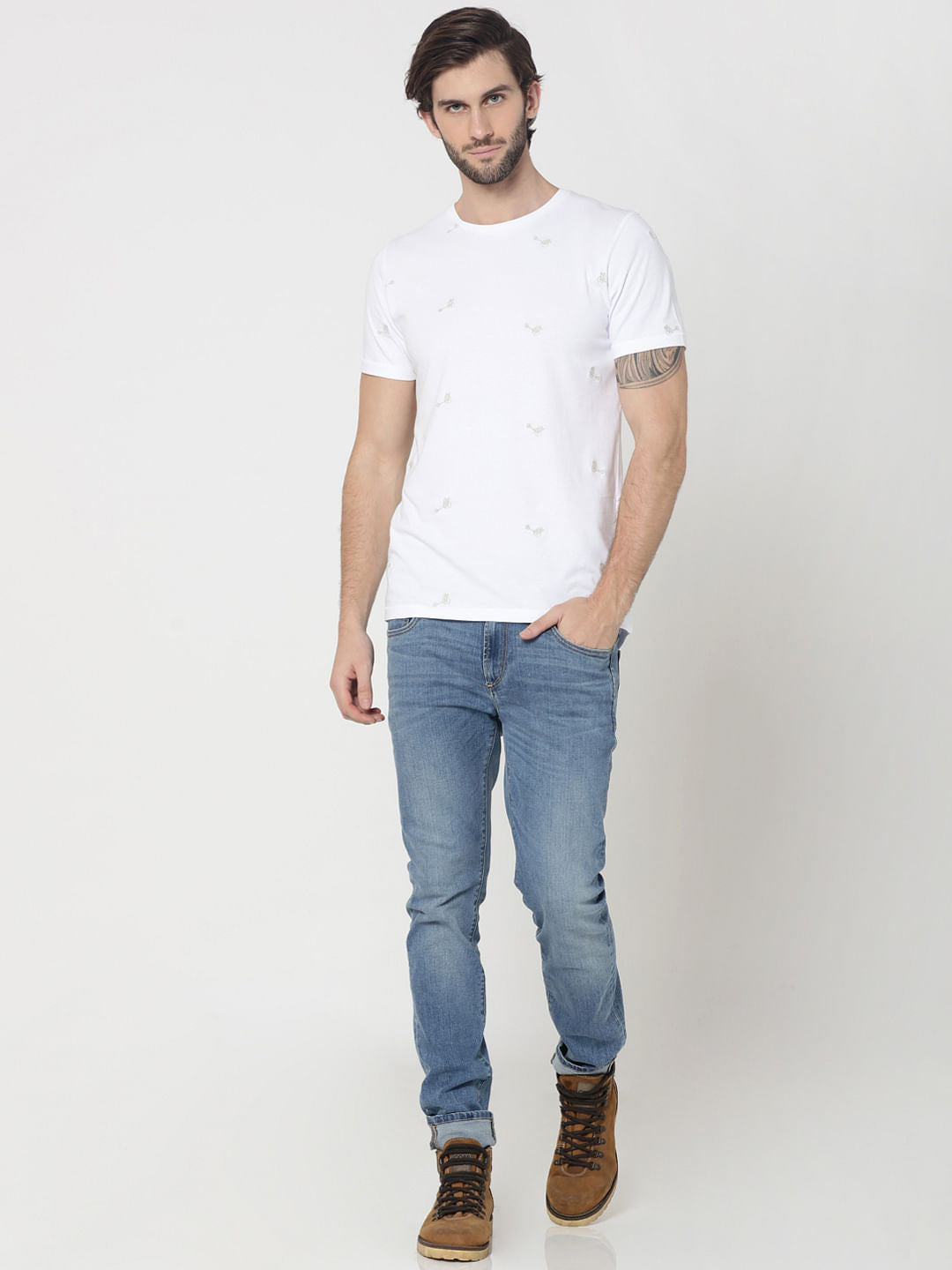 White Motif Printed Crew Neck T-Shirt