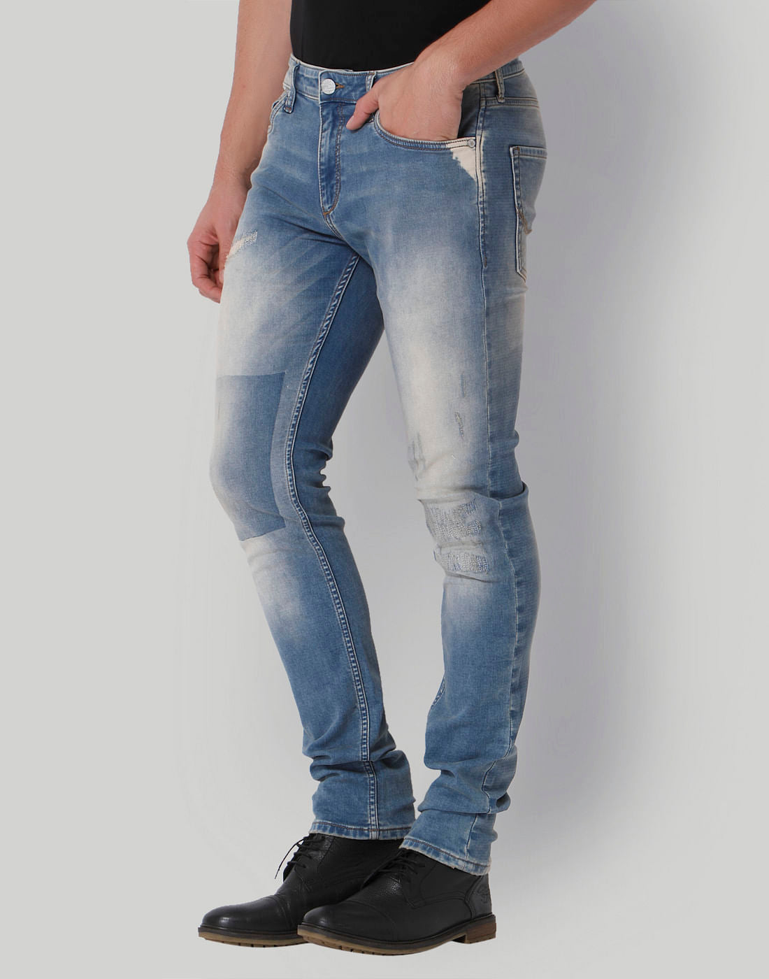 Light Blue Distressed Low Rise Slim Fit Jeans
