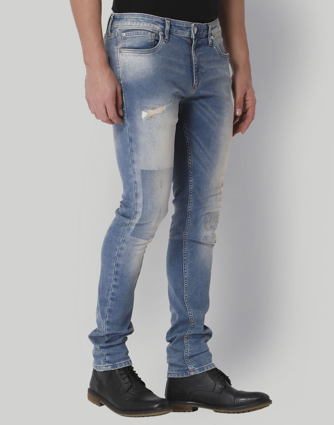 Light Blue Distressed Low Rise Slim Fit Jeans