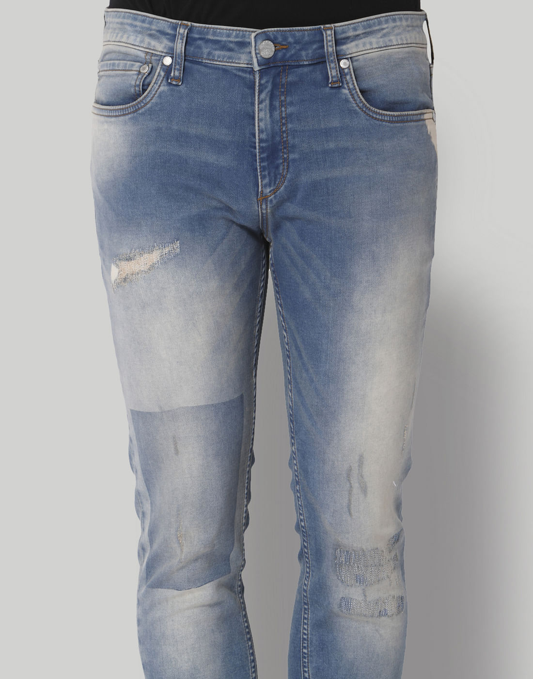 Light Blue Distressed Low Rise Slim Fit Jeans