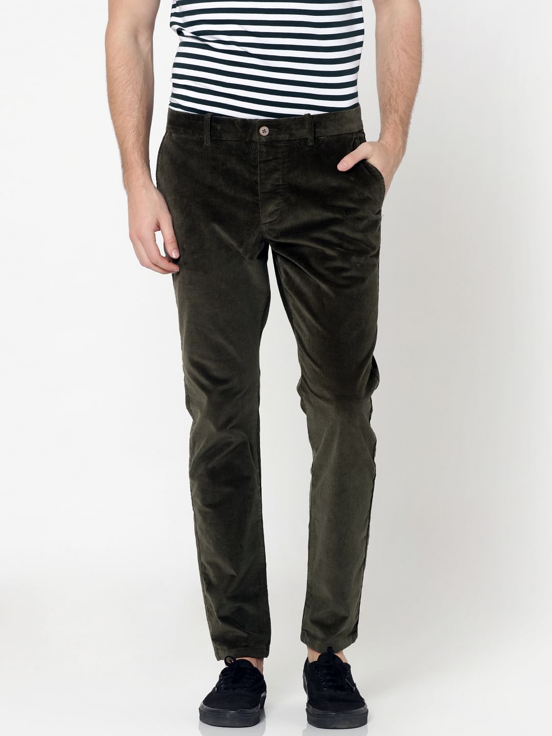 Green Mid Rise Slim Fit Corduroy Pants - 28/32