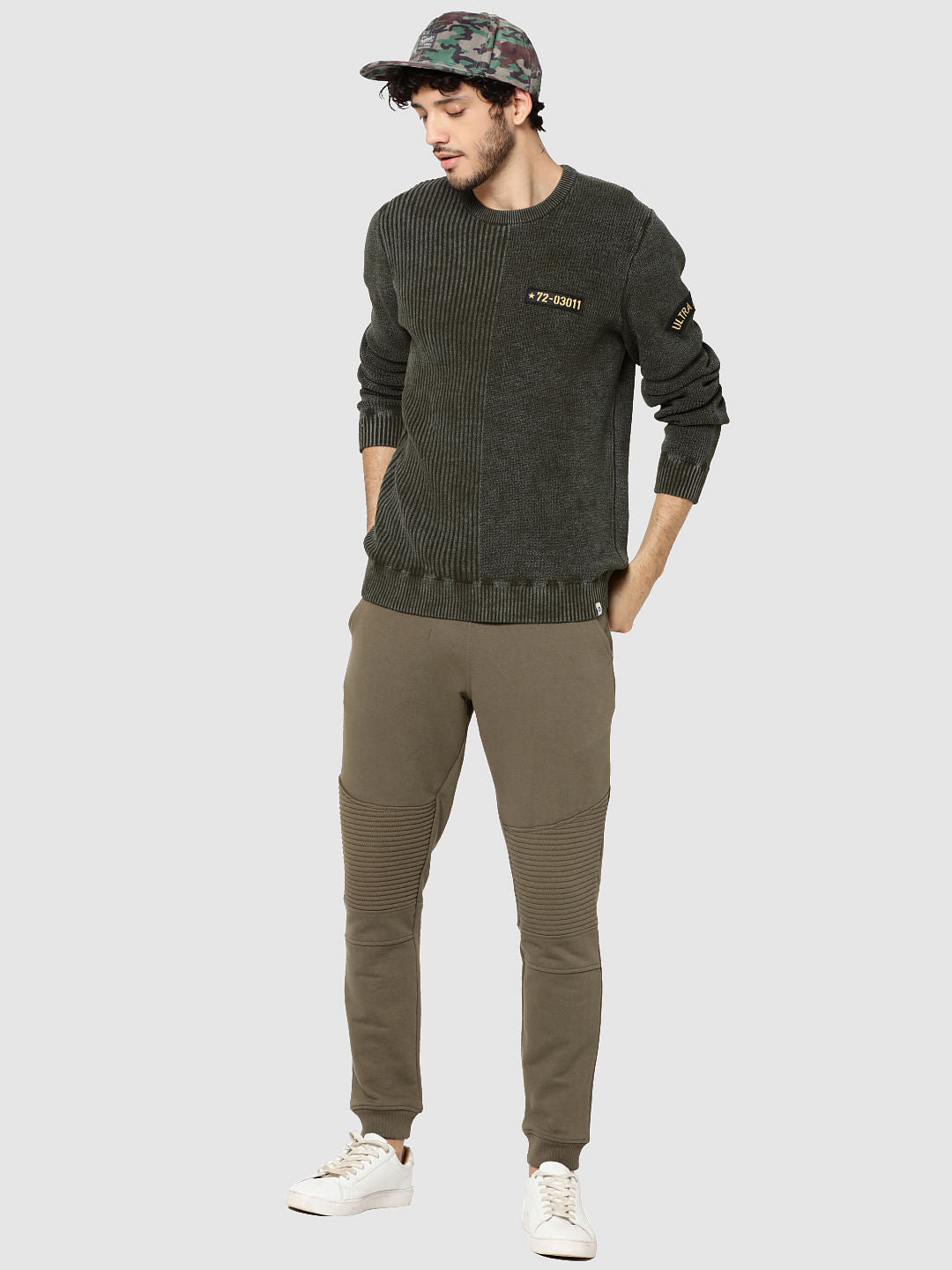 Olive Green Ribbed Badge Detail Sweater